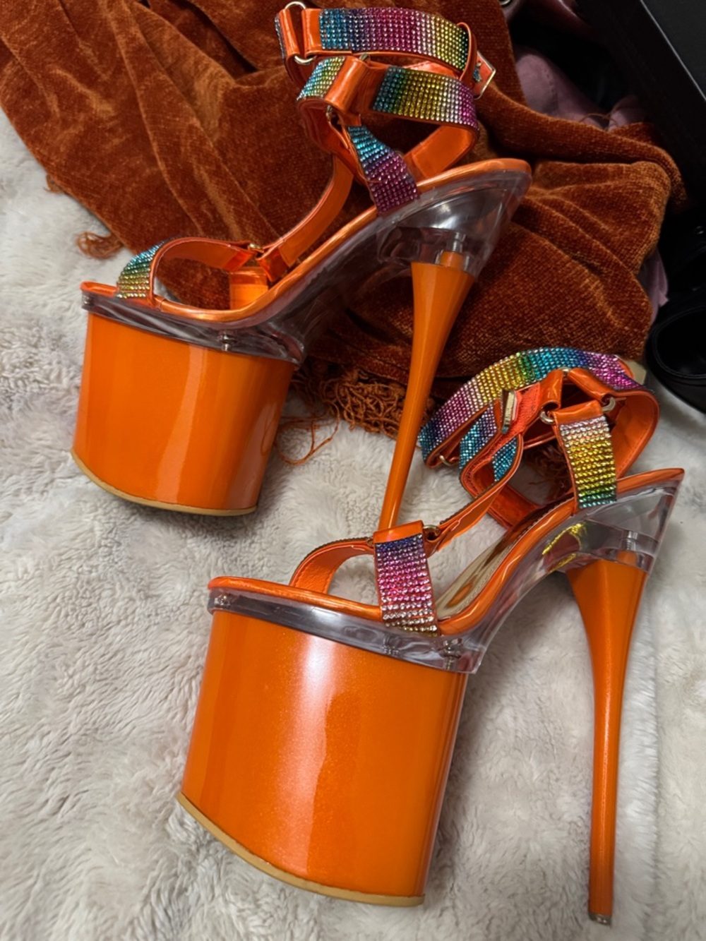 Golden Bulls | Sexy Rhinestone Orange & Rainbow Platform Stiletto Heels | 8 NIB - Picture 6 of 12